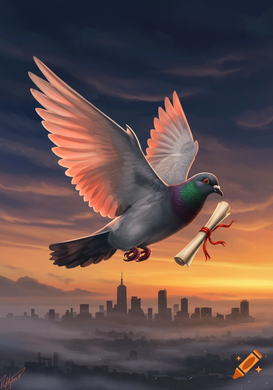A pigeon flies with outstretched wings over a misty city skyline at sunset, carrying a scroll with a red ribbon in an illustrative style.