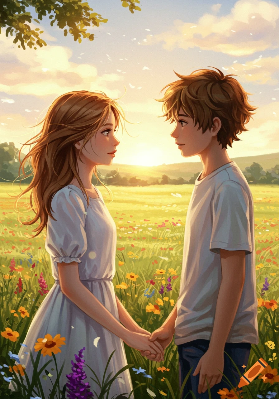 An anime-style illustration of a young man and woman holding hands in a vibrant flower field at sunset, looking into each other's eyes.