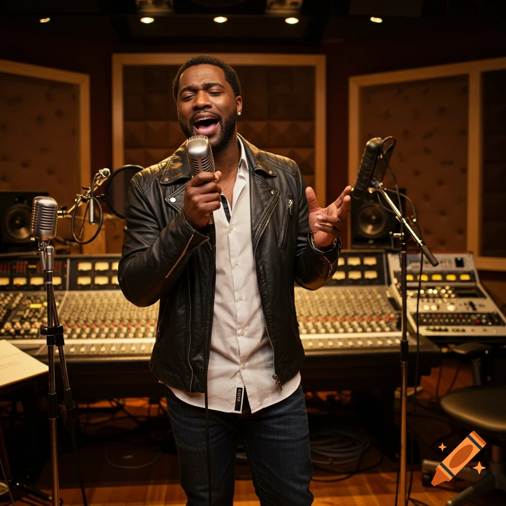 A man sings into a vintage microphone in a recording studio, surrounded by audio equipment.