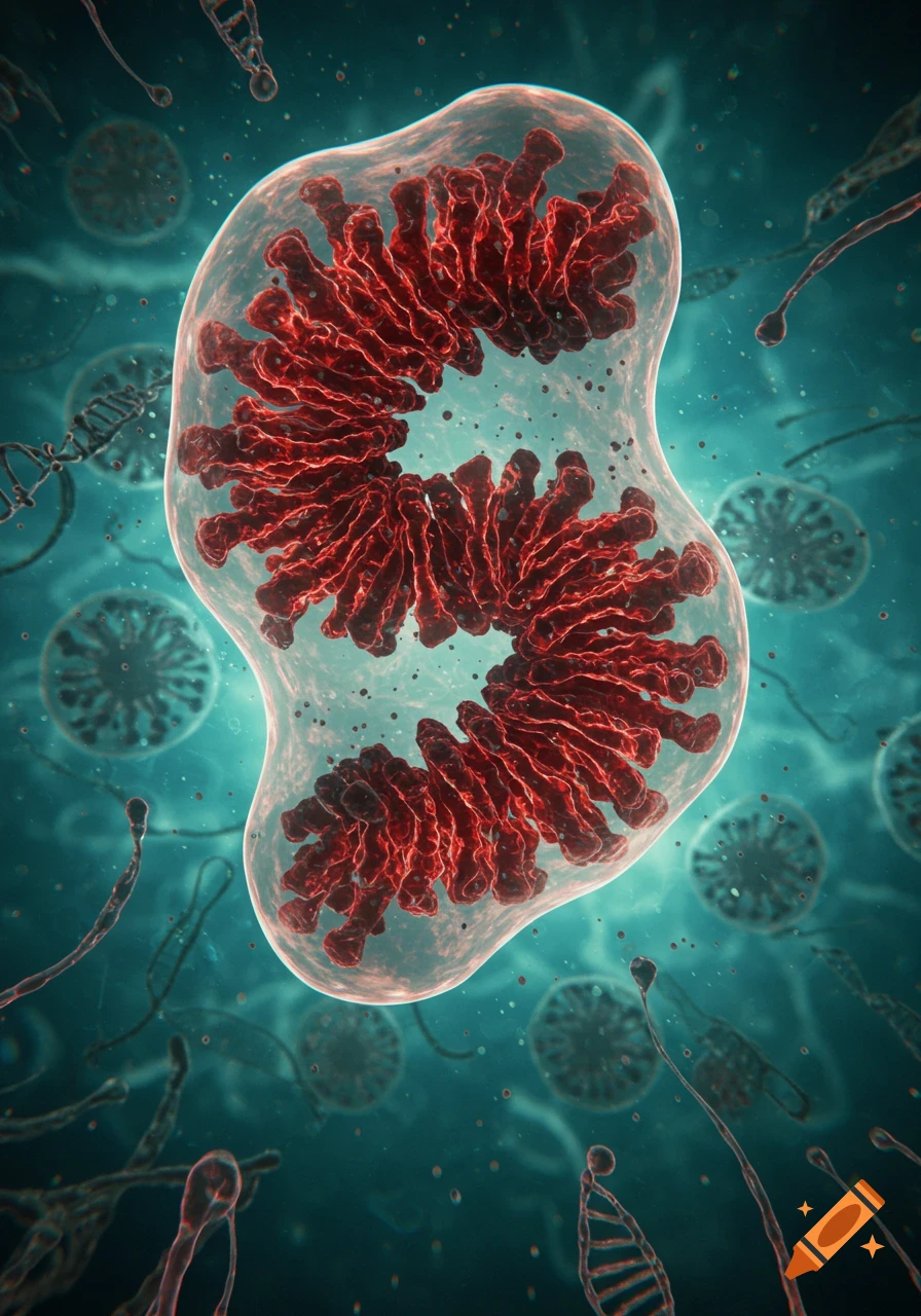 Microscopic view of a red cellular structure inside a transparent membrane, with DNA strands and other elements in a teal background.