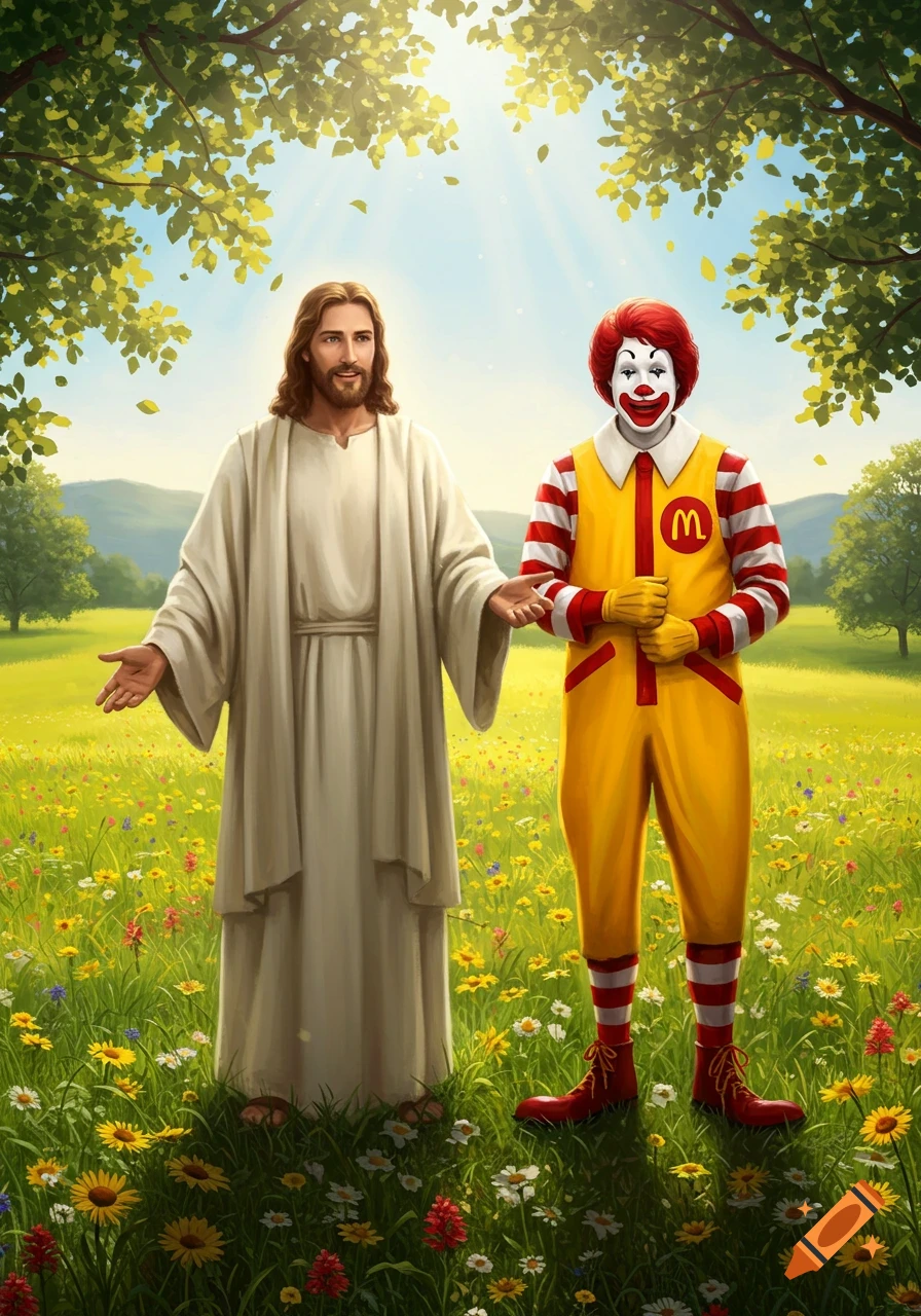 Jesus Christ and Ronald McDonald stand side-by-side in a vibrant, sunlit field of wildflowers, digital painting.
