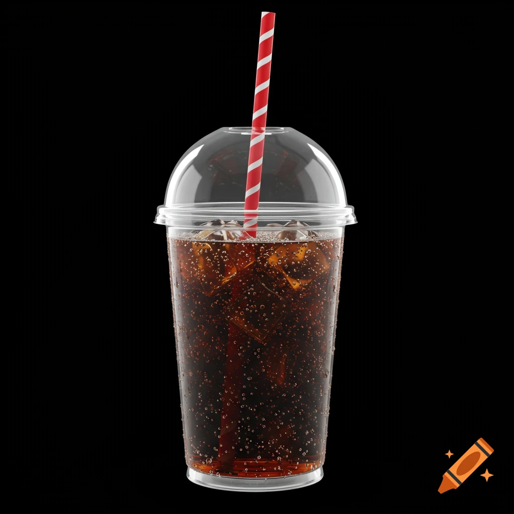 A clear plastic cup with a dome lid, red and white striped straw, and fizzy dark soda with ice on a black background.