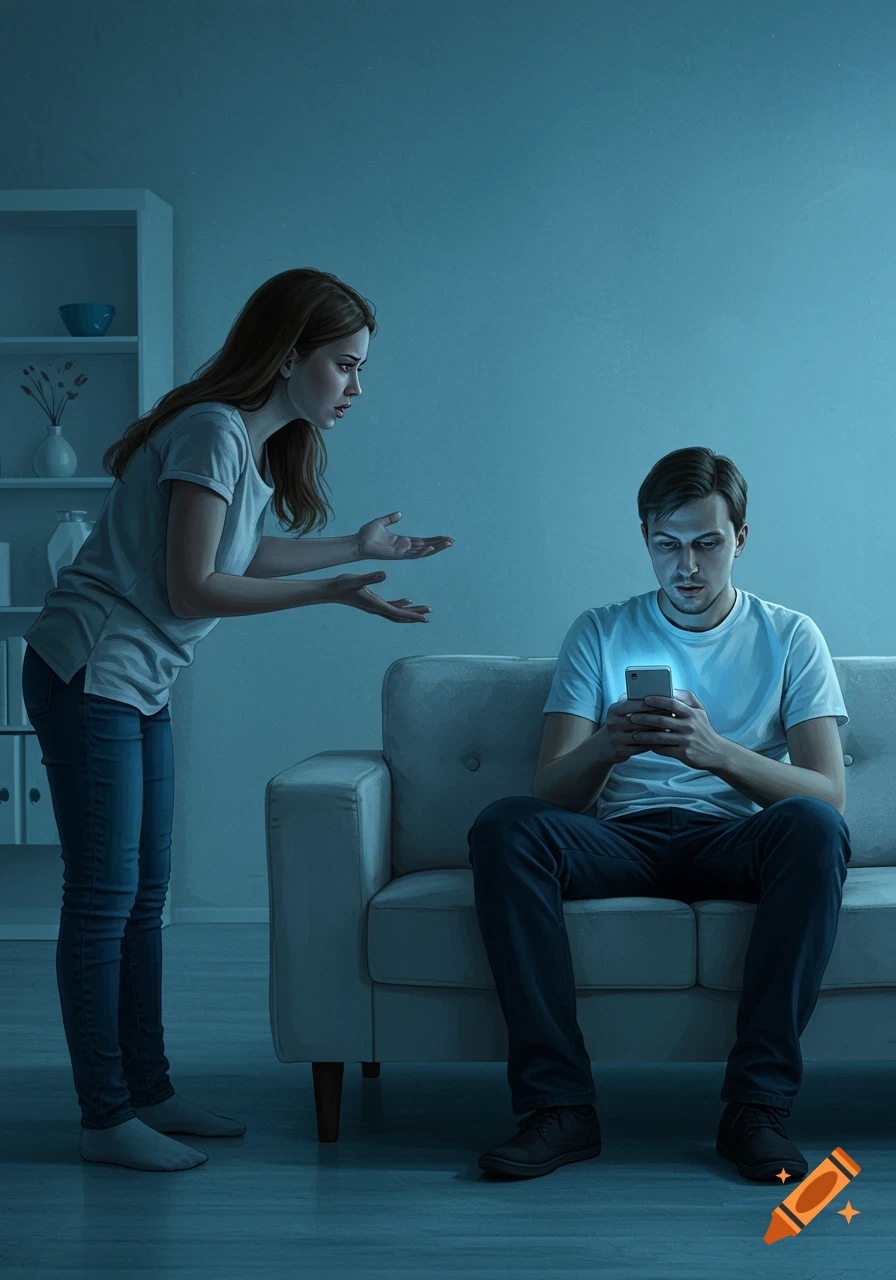 A distressed woman gestures at a man focused on his glowing phone on a couch in a dimly lit room, conveying relationship tension.