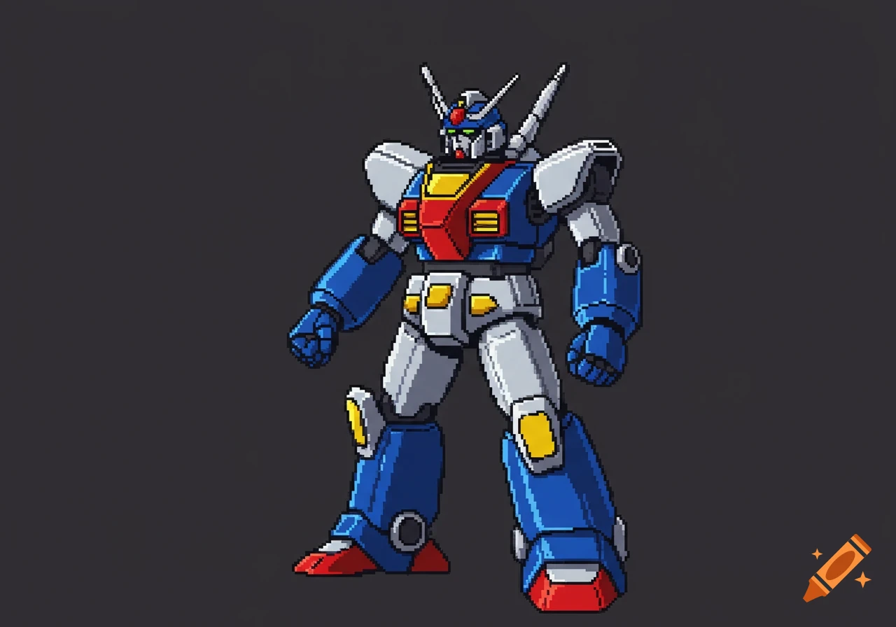 16-bit pixel art sprite of a blue, red, silver, and yellow mecha robot with antennas on a dark background.