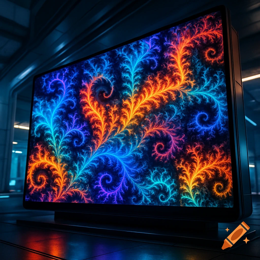A large screen in a dark, futuristic room displays a vibrant, glowing fractal pattern in blue, orange, red, and purple.
