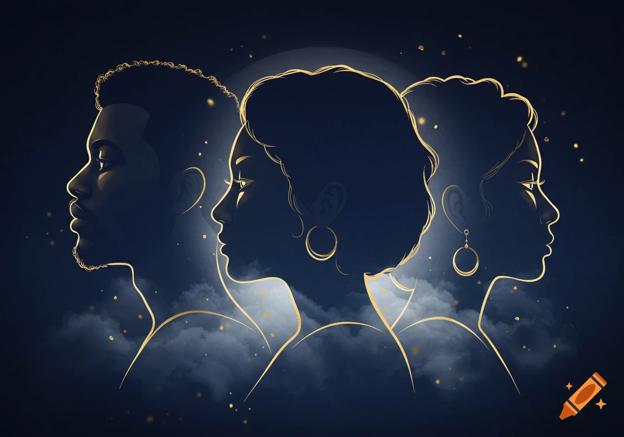 Three stylized golden outlined silhouettes of diverse people's heads in profile against a dark, cloudy, starry background.