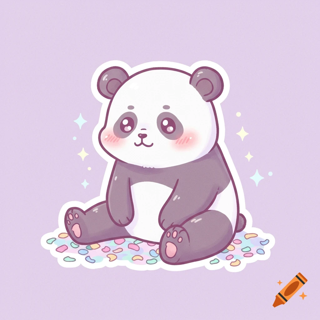 A cute cartoon panda sticker, sitting on colorful confetti-like shapes with a light purple background.