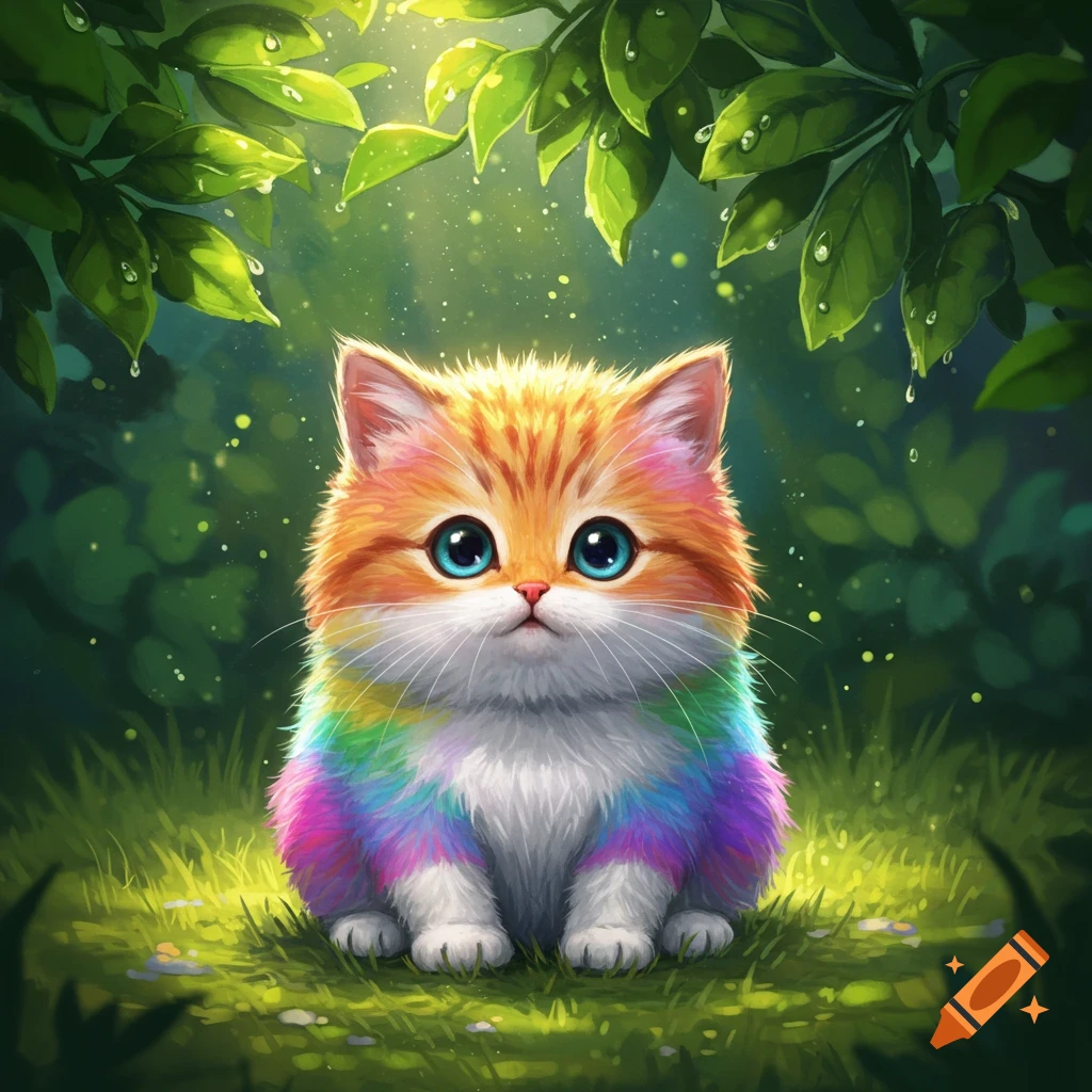 A fluffy rainbow kitten with large blue eyes sits in lush green grass under glistening leaves.