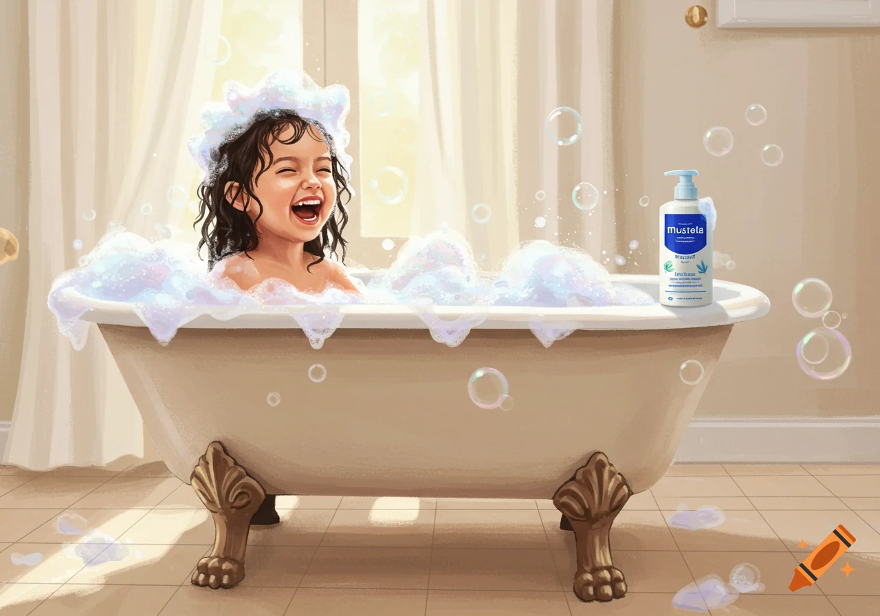 A happy child with dark curly hair laughs in a bubble bath with a Mustela shampoo bottle on the tub's edge, illustrated.