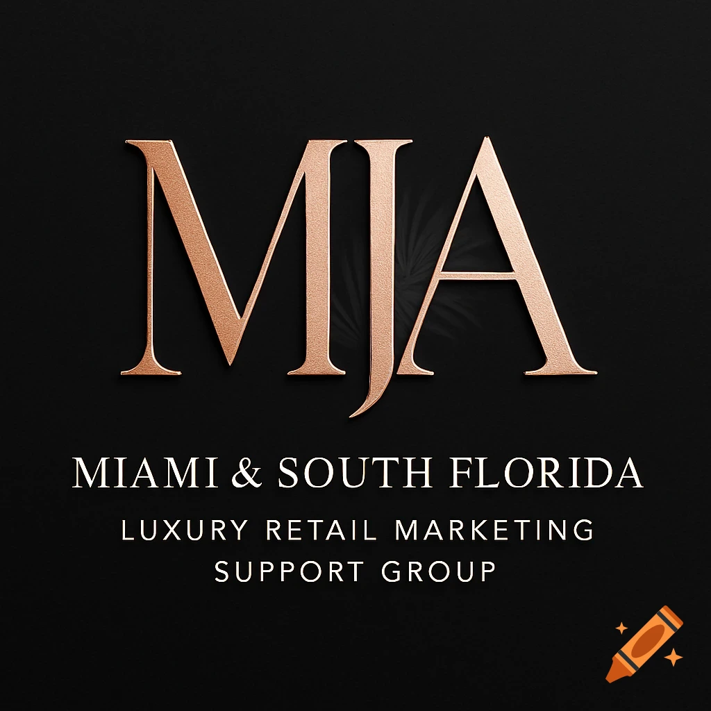 Minimalist rose-gold lettermark logo with interlocking MIA letters and a palm frond silhouette on a matte black background, above text 'MIAMI & SOUTH FLORIDA LUXURY RETAIL MARKETING SUPPORT GROUP'.