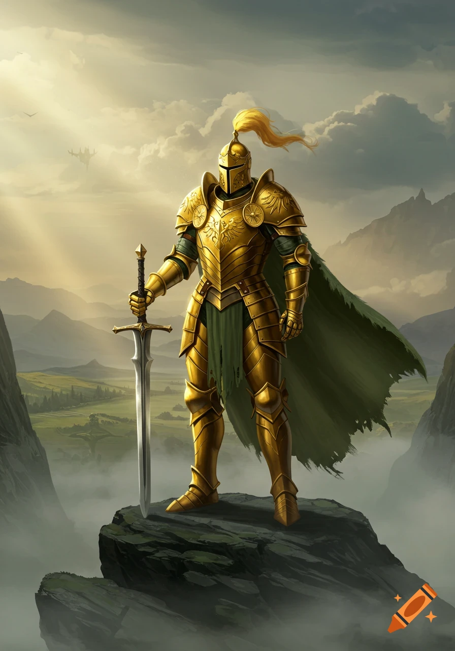 A golden knight in full armor stands on a rocky cliff overlooking a misty valley.