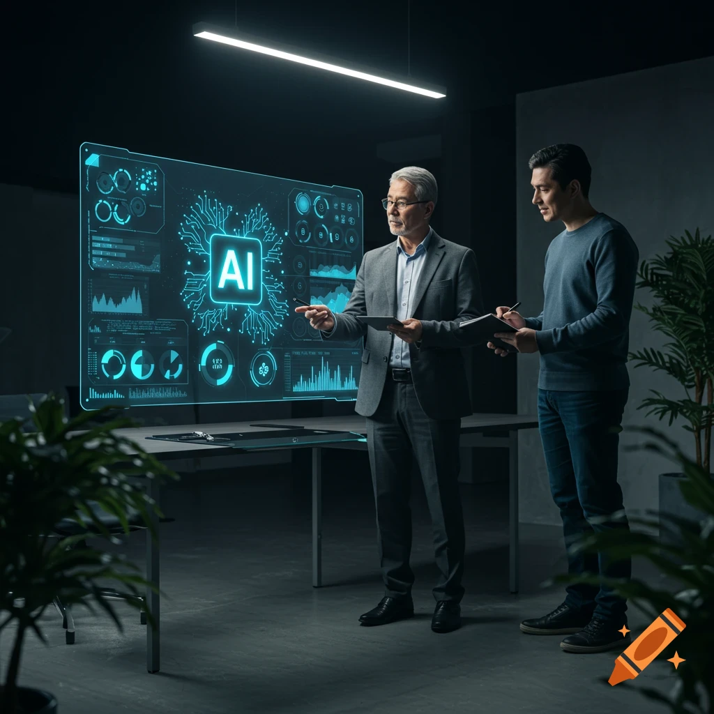 Two men in an office looking at a glowing holographic screen displaying 'AI' and data visualizations.