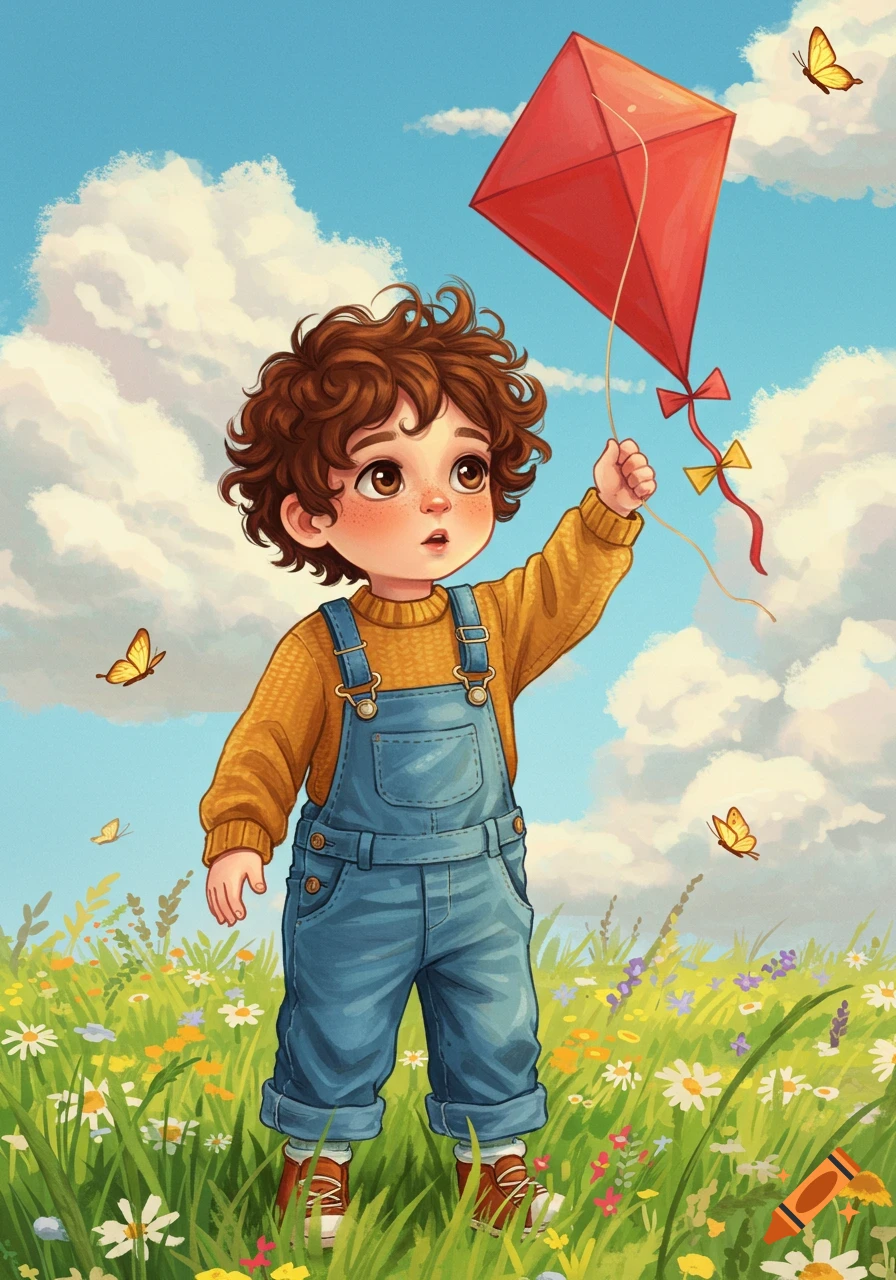 Illustrated image of a young boy with curly brown hair flying a red kite in a vibrant field of colorful flowers with butterflies.