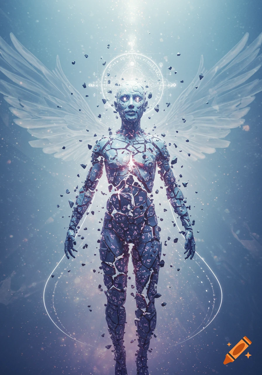 Ethereal fragmented humanoid with glowing eyes, white wings, and glowing symbols on its body floats in a light blue, starry void.