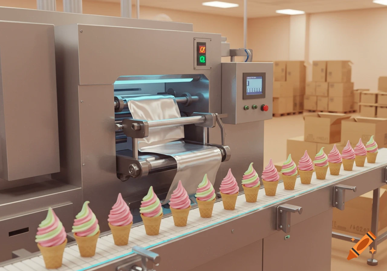 An automated factory line produces and packages pink and green swirled ice cream cones moving on a conveyor belt next to a large machine.