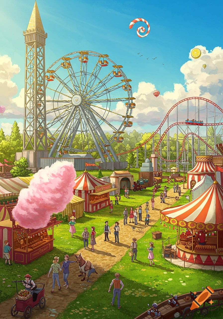 A colorful illustration of a bustling amusement park with a Ferris wheel, roller coaster, stalls, and many people enjoying the sunny day.