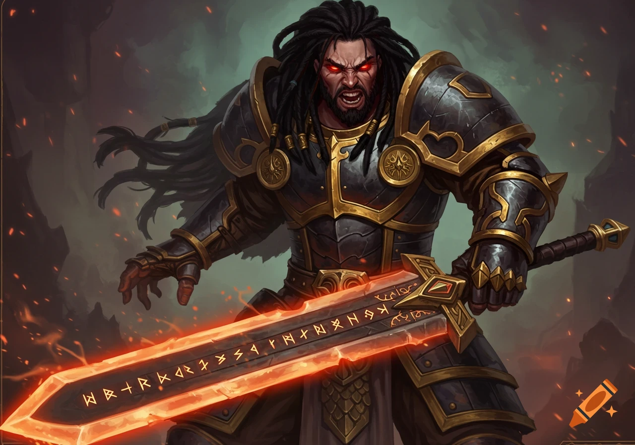 Fierce fantasy warrior with dreadlocks, red eyes, dark armor, holding a glowing runic sword in a comic-book style.