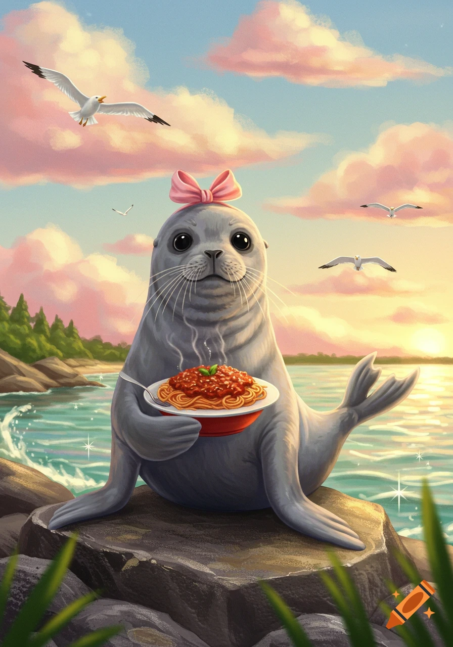 A cute illustrated seal with a pink bow holds spaghetti on a rock by the ocean at sunset with seagulls.
