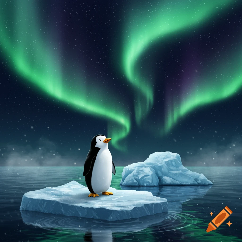 A cute cartoon penguin stands on a small iceberg in calm water under a vibrant green aurora borealis in a starry night sky.