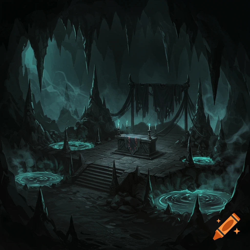 A dark, eerie fantasy cave with a central stone altar, lit candles, and glowing turquoise pools, digital painting.