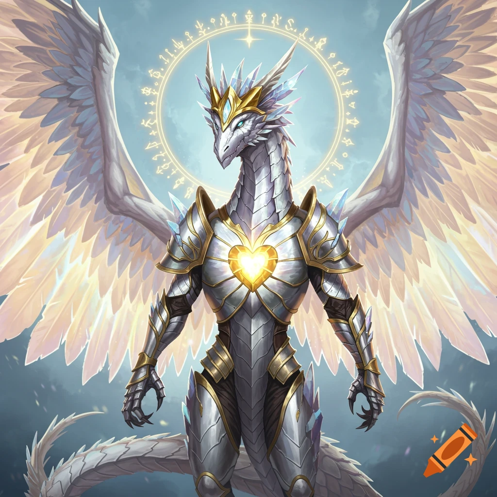 A majestic white dragon in shining silver and gold armor with large feathered wings, a glowing heart, and a halo of sigils.