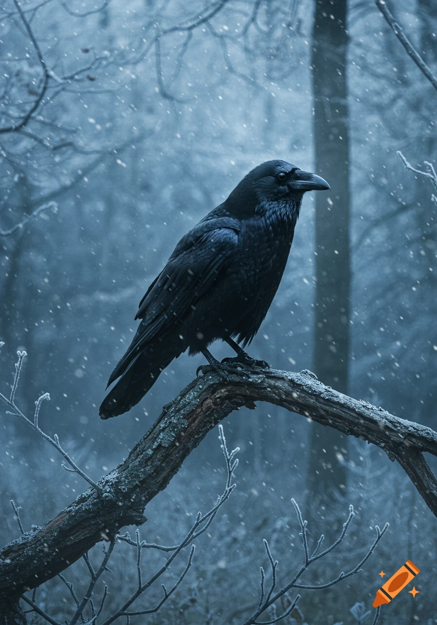 A photorealistic black raven perches on a snow-covered branch in a misty, snowing winter forest.