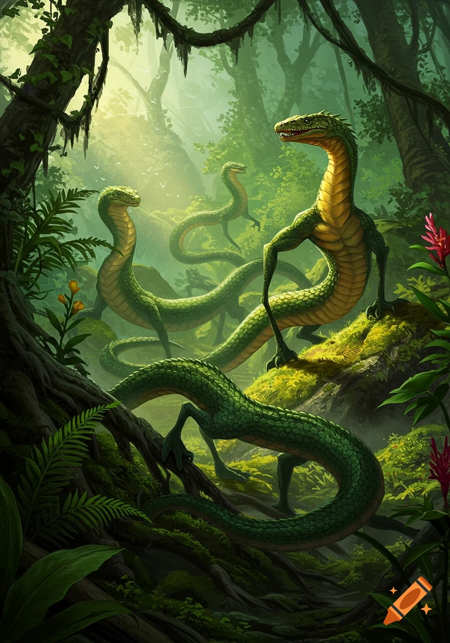 Three green, leg-bearing serpents navigate a lush, sun-dappled tropical jungle in a detailed fantasy illustration.