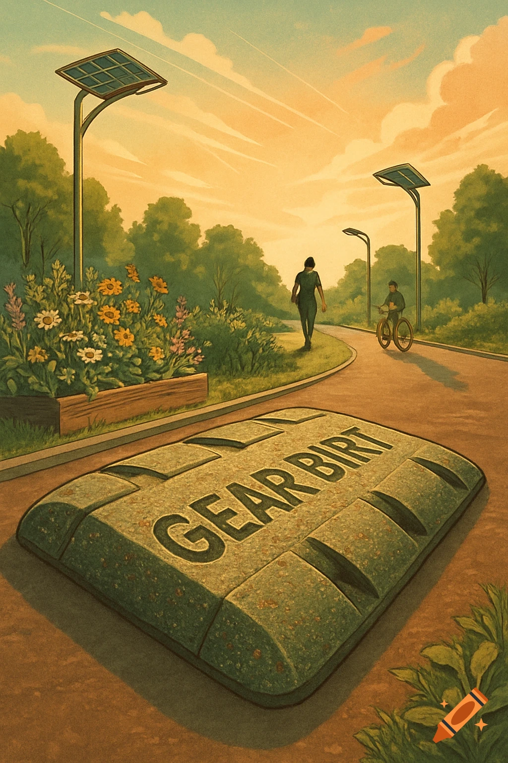 An illustrated park path at sunset with solar streetlights, flowers, and a 'GEAR BIRT' speed reducer. People walk and cycle.