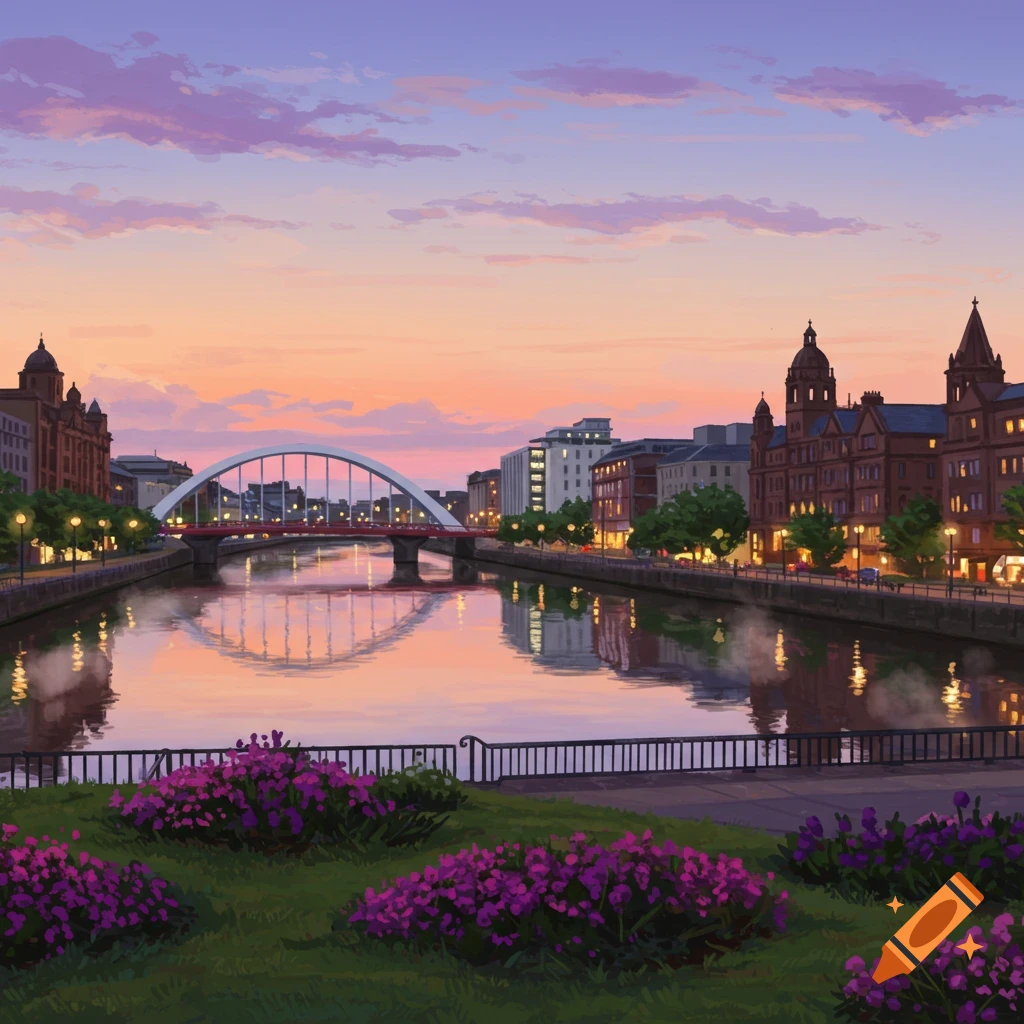 Illustrated cityscape at sunset with a white arch bridge over a river, surrounded by buildings and purple flowers.