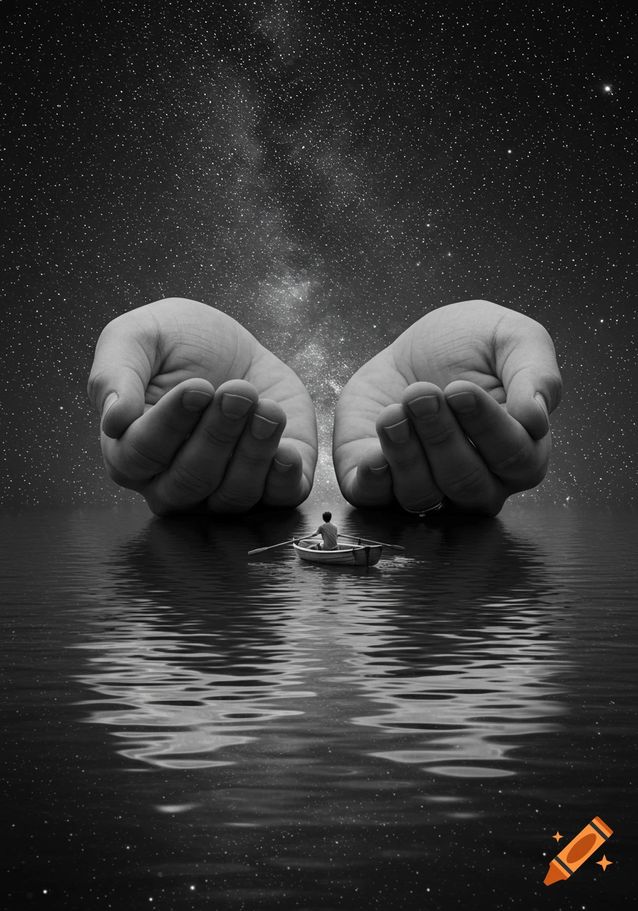Black and white surreal image: a small boat on water held by immense cupped hands beneath a vast, star-filled cosmic sky.
