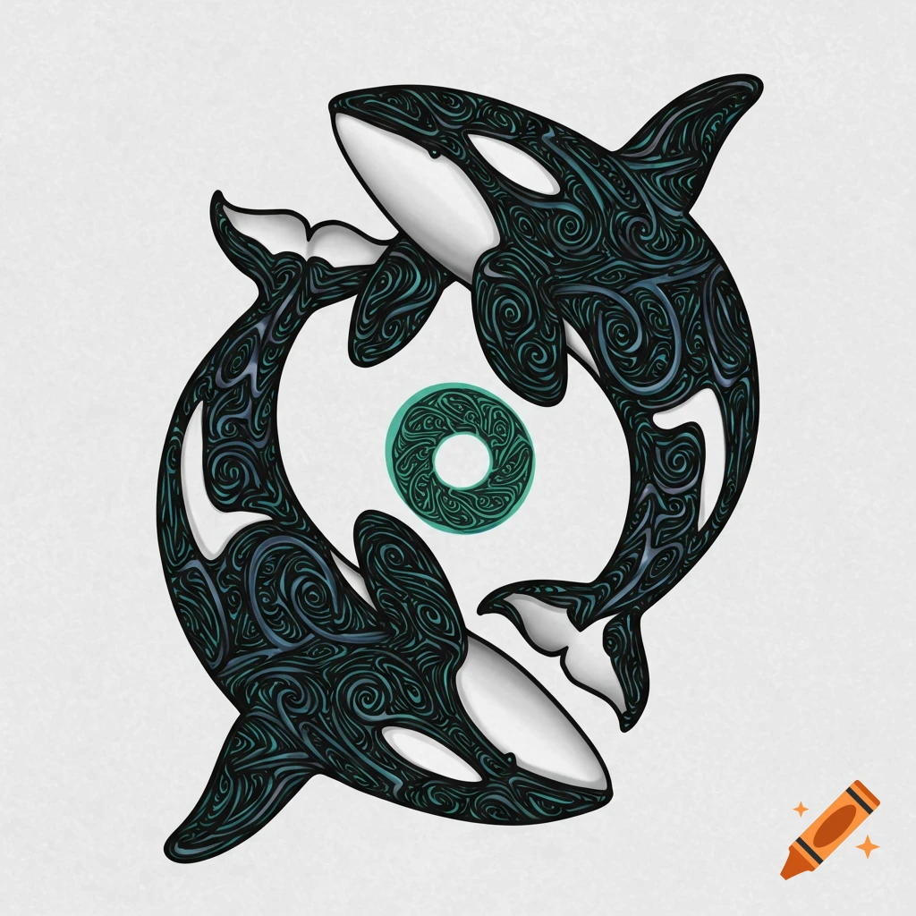 Two stylized orcas with intricate swirling patterns form a black and white yin and yang symbol around a green fractal ring.