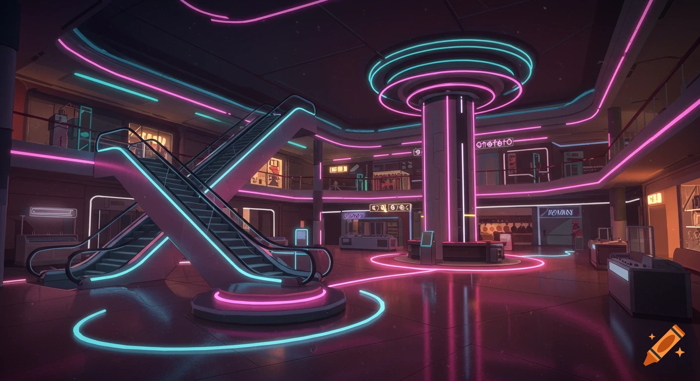 A vibrant, retro-futuristic shopping mall interior lit by glowing pink and blue neon lights, with escalators and a central pillar.