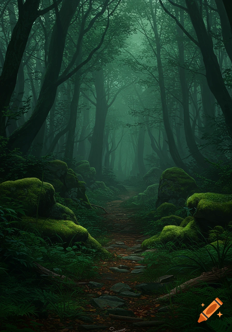 A dark, misty forest path winds through ancient trees and moss-covered rocks, bathed in an emerald green light.