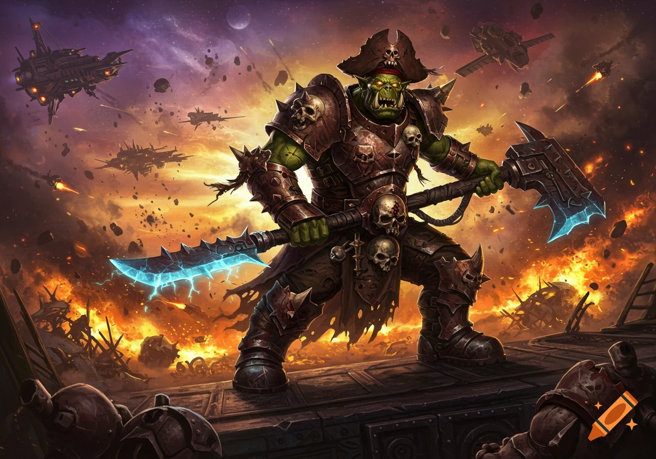 A heavily armored Ork pirate with a glowing axe and sword stands on a platform during a fiery space battle.