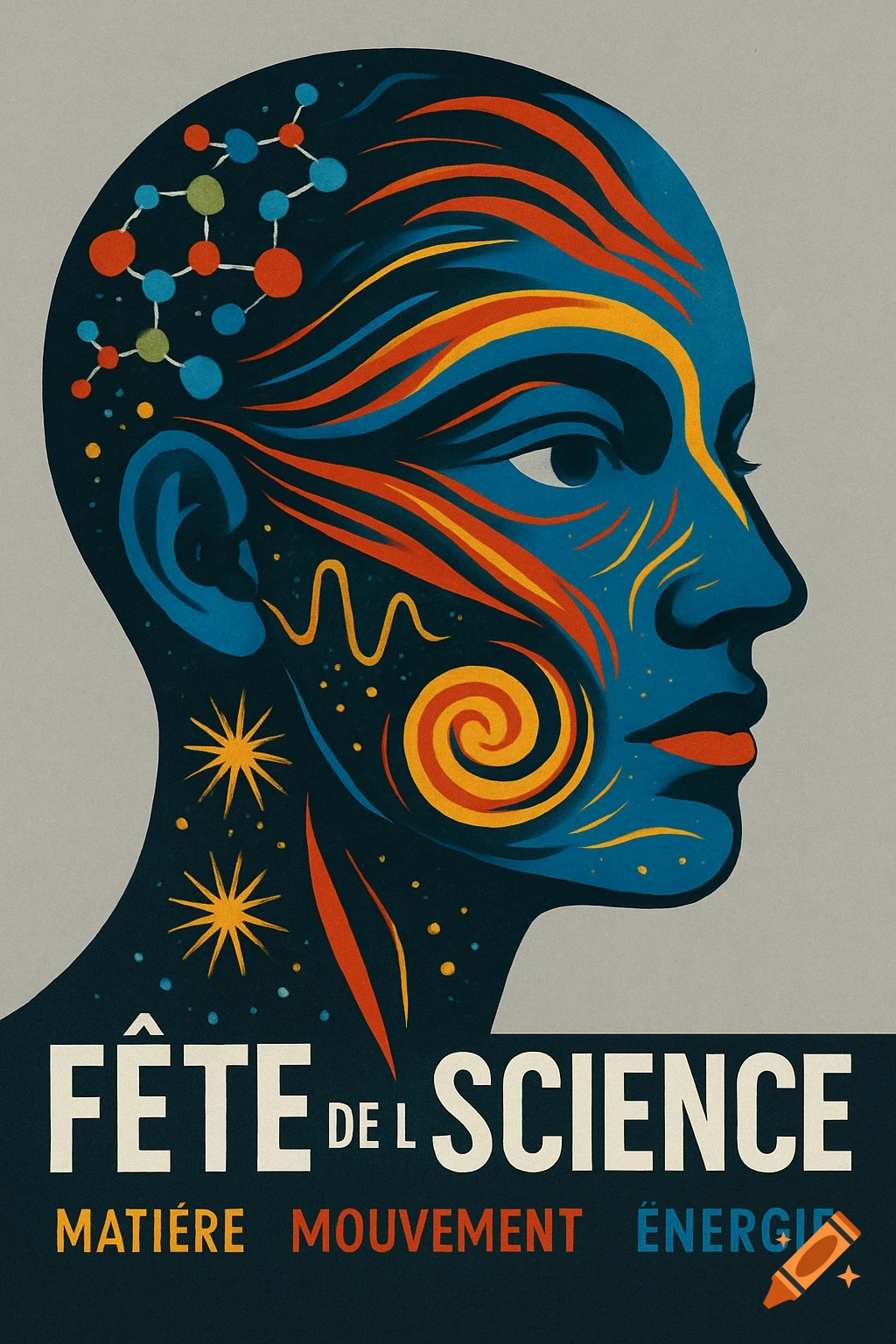 A stylized science festival poster featuring a human head in profile, decorated with colorful abstract scientific motifs, and the text "Fête de la Science" and "Matière, Mouvement, Énergie".
