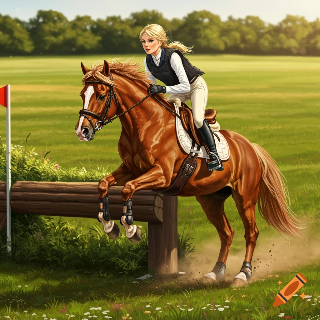 Illustrated blonde female rider on a brown horse jumping a wooden obstacle in a green field under a clear sky.