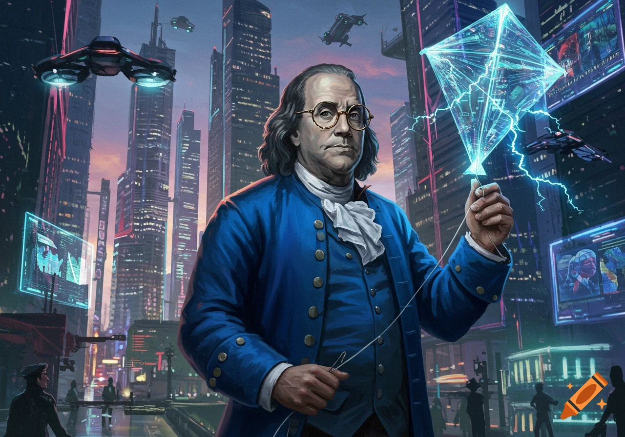 Benjamin Franklin in a blue coat and glasses holds a glowing futuristic kite in a neon-lit cyberpunk city with flying vehicles.