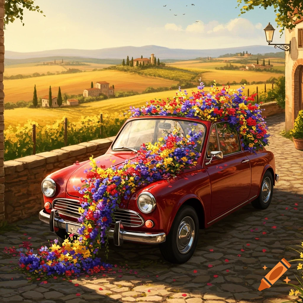 A vibrant red vintage car overflows with colorful flowers on a cobblestone path in a sunny Tuscan countryside scene.