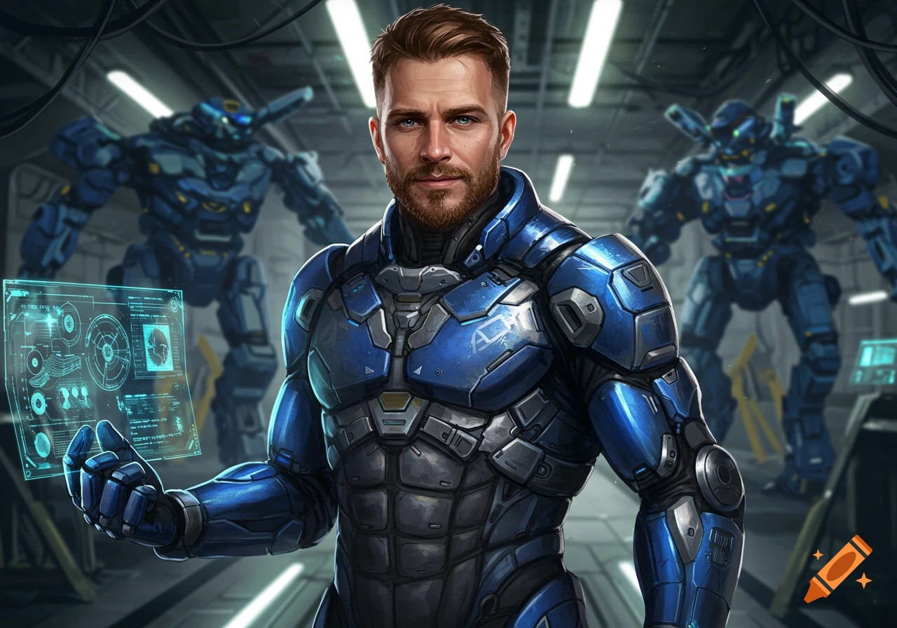 A man in blue and grey futuristic armor with a goatee and buzzcut holds a glowing holographic display, with two large blue mechs in the background of a dimly lit hangar.