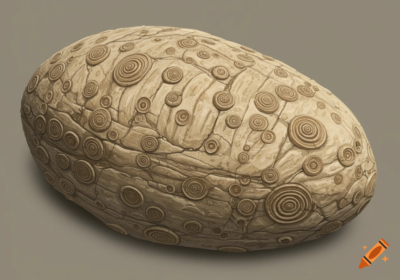 An oval, textured fossil with numerous circular, spiral patterns, resembling a large nummulite, against a plain background.