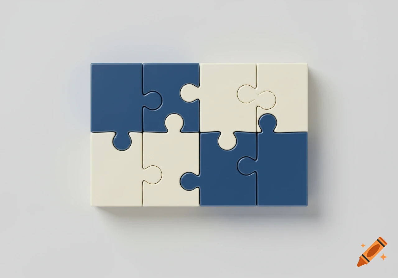 Six interlocking puzzle pieces, three dark blue and three cream, arranged in a checkerboard pattern on a white background.