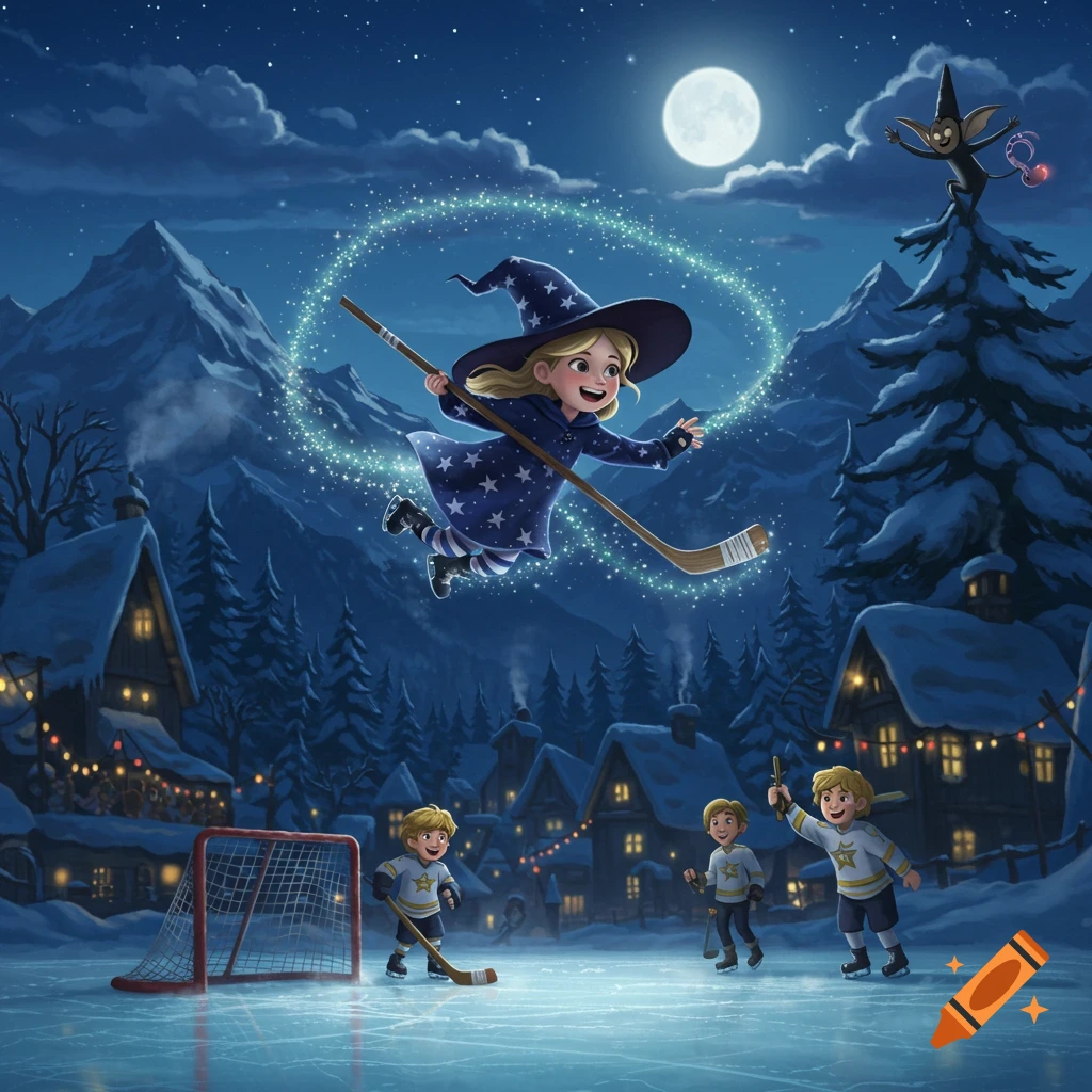 A cartoon witch-girl flies with a hockey stick over a snowy village where boys play hockey, under a full moon.