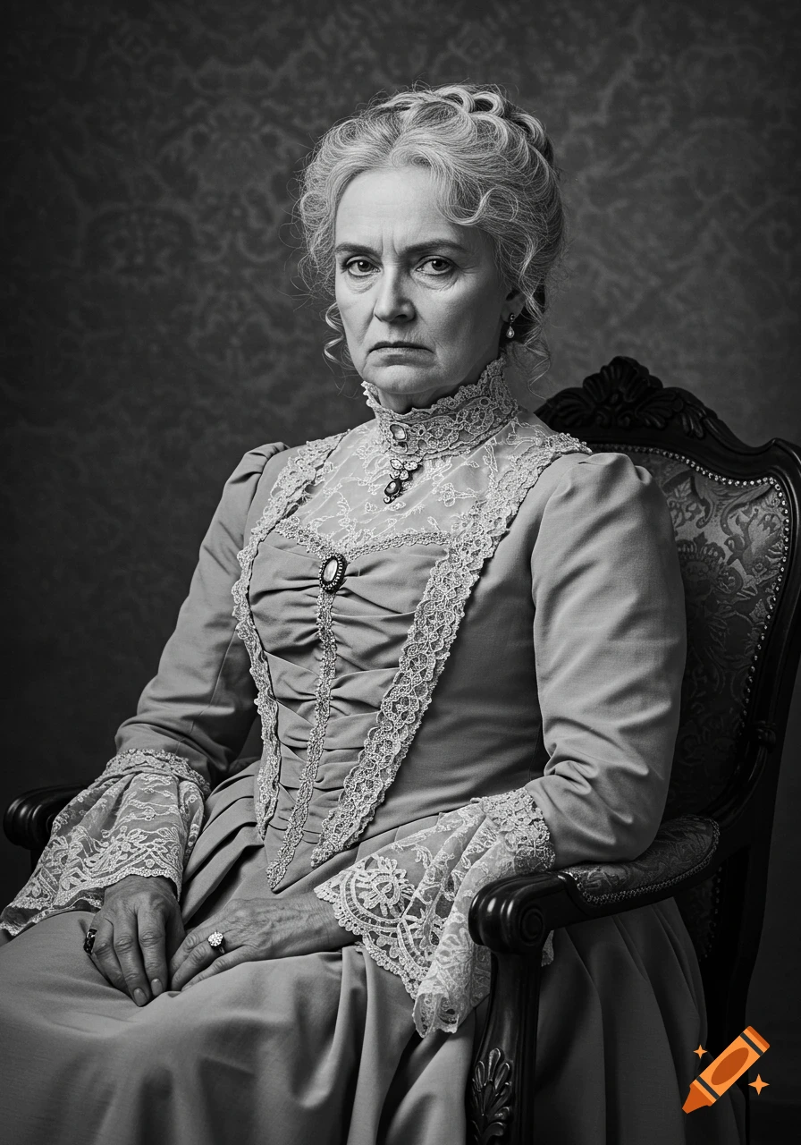 Black and white Victorian-style portrait of a stern older woman in an elaborate lace gown, sitting in a chair.
