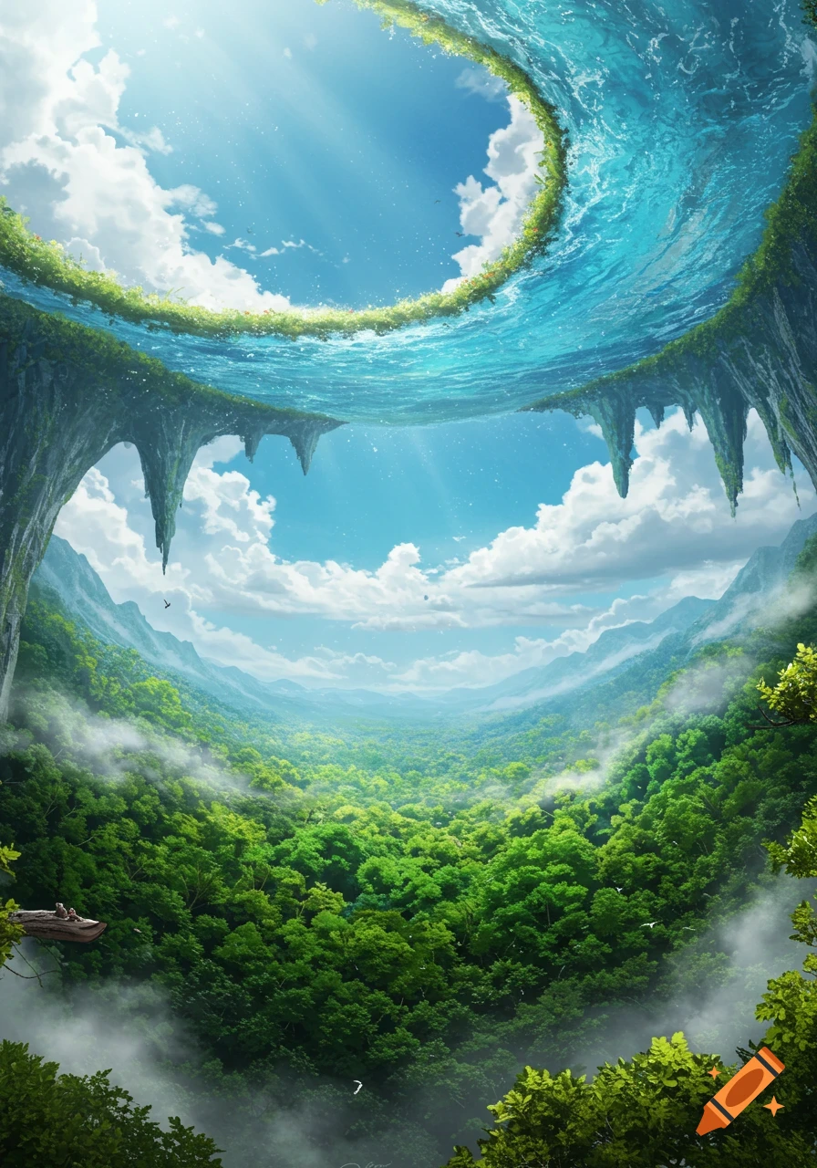A vibrant fantasy landscape with a circular river flowing above a deep valley of lush green trees, under a bright blue sky with clouds.