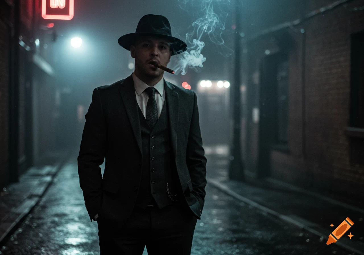 A man in a black hat and suit smokes a cigar in a smoky, dimly lit alley at night, in a film noir style.