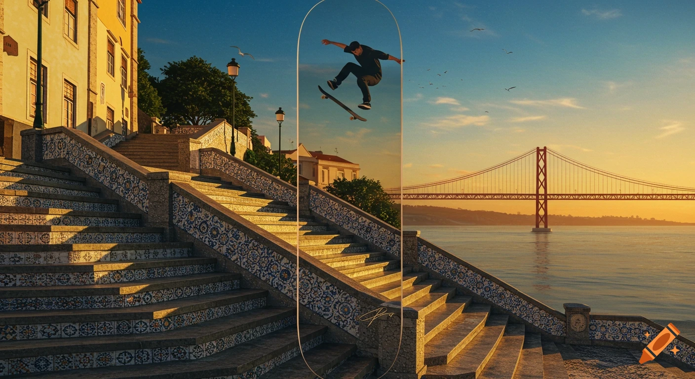 A photorealistic image of a skateboarder jumping down ornate tiled stairs in Lisbon, with the 25 de Abril Bridge and a sunset over the water in the background.