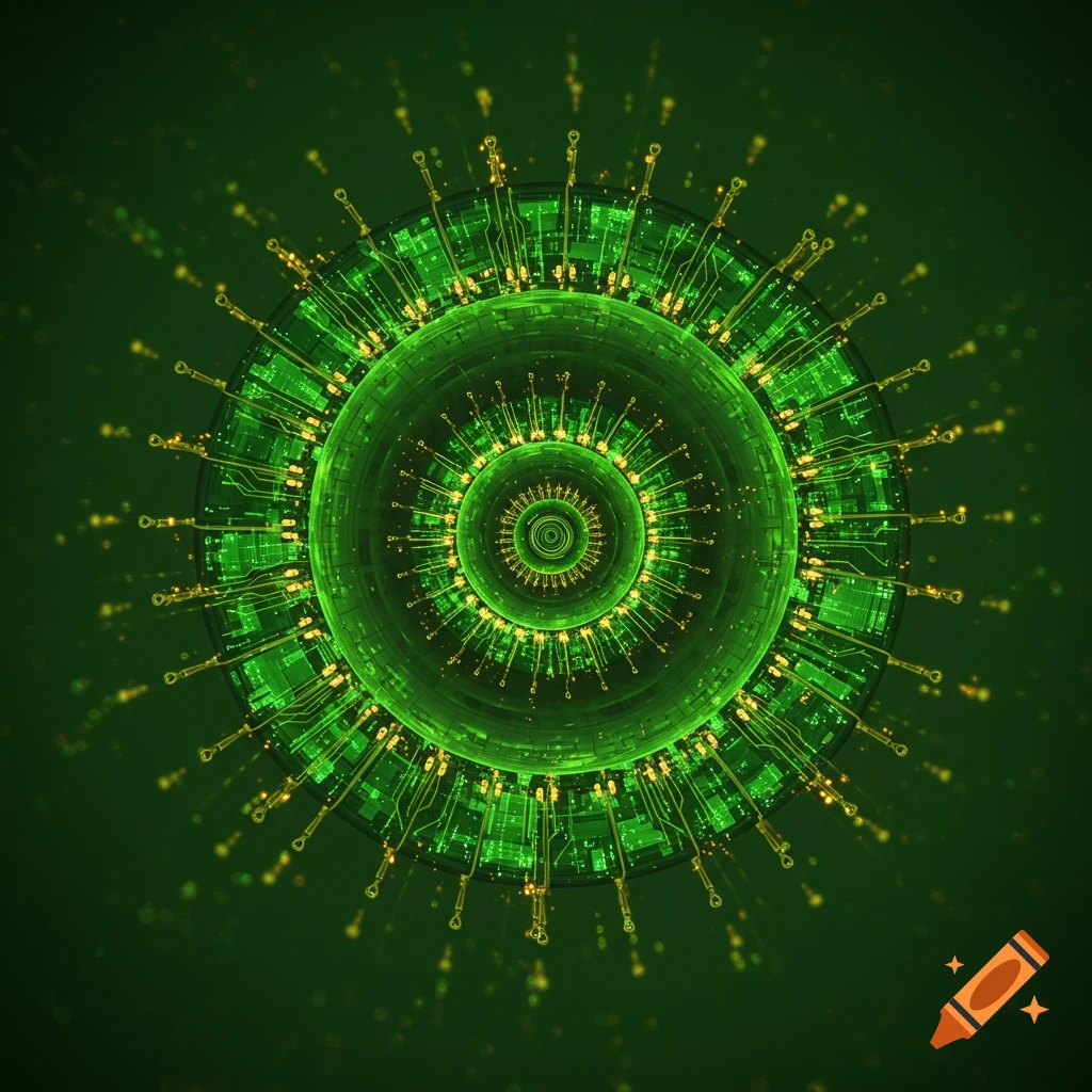 A vibrant green fractal design resembling electronic circuitry, with glowing lines and small golden sparks radiating outwards in a circular pattern.