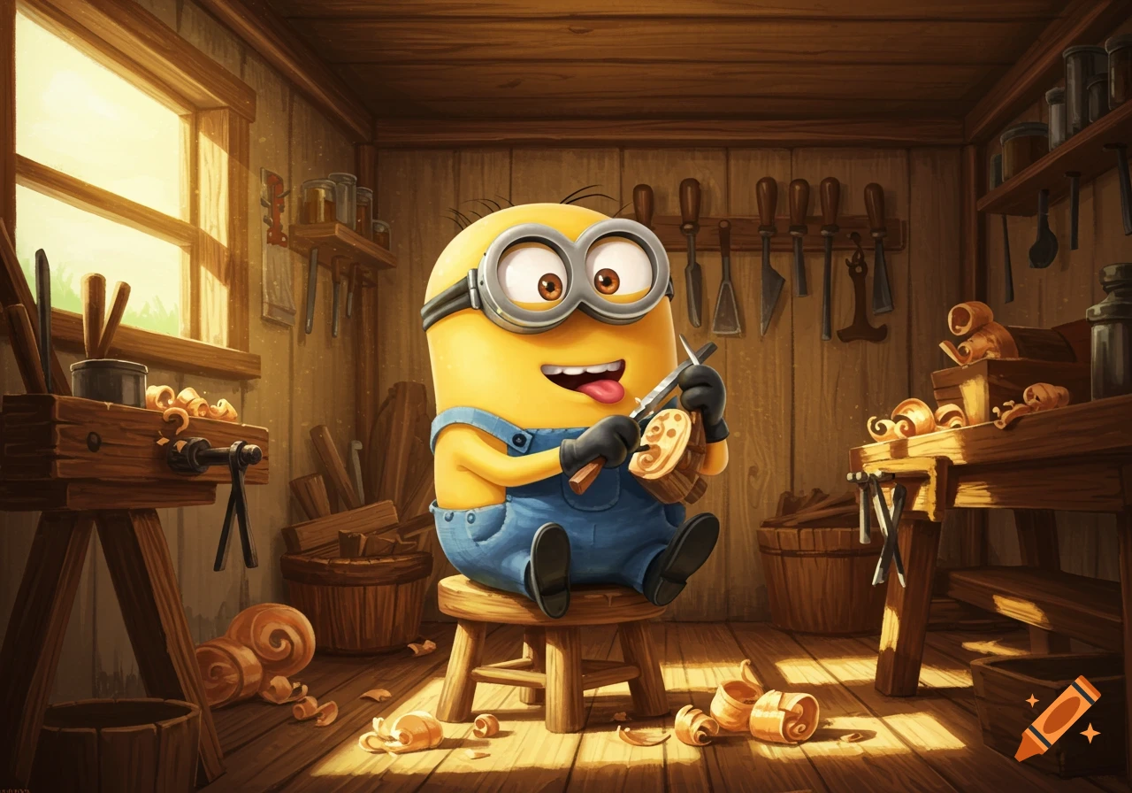 A cartoon Minion in a wooden workshop, happily whittling a piece of wood with a carving tool, surrounded by wood shavings.