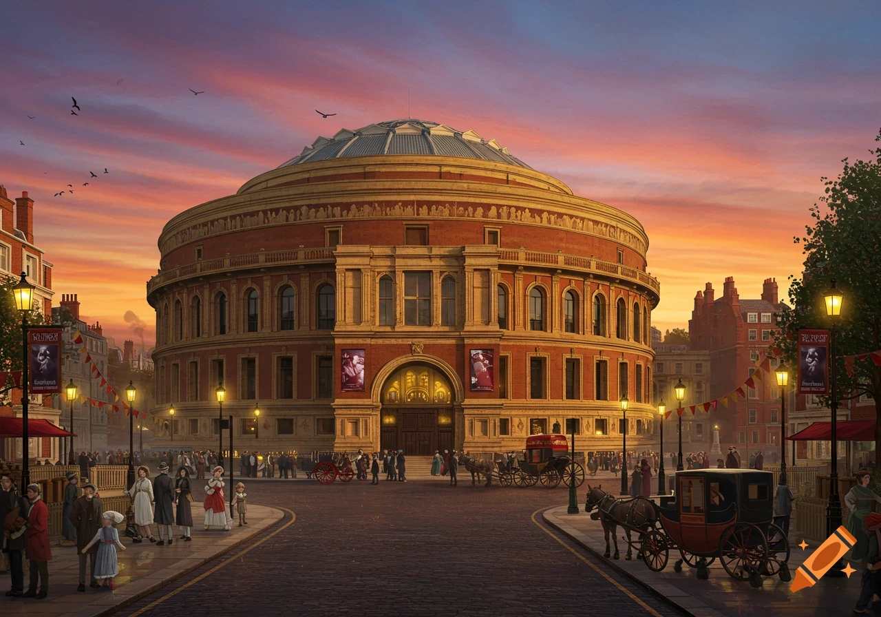 The Royal Albert Hall at sunset, surrounded by Victorian-era people, horse-drawn carriages, and gas lamps on a busy street.