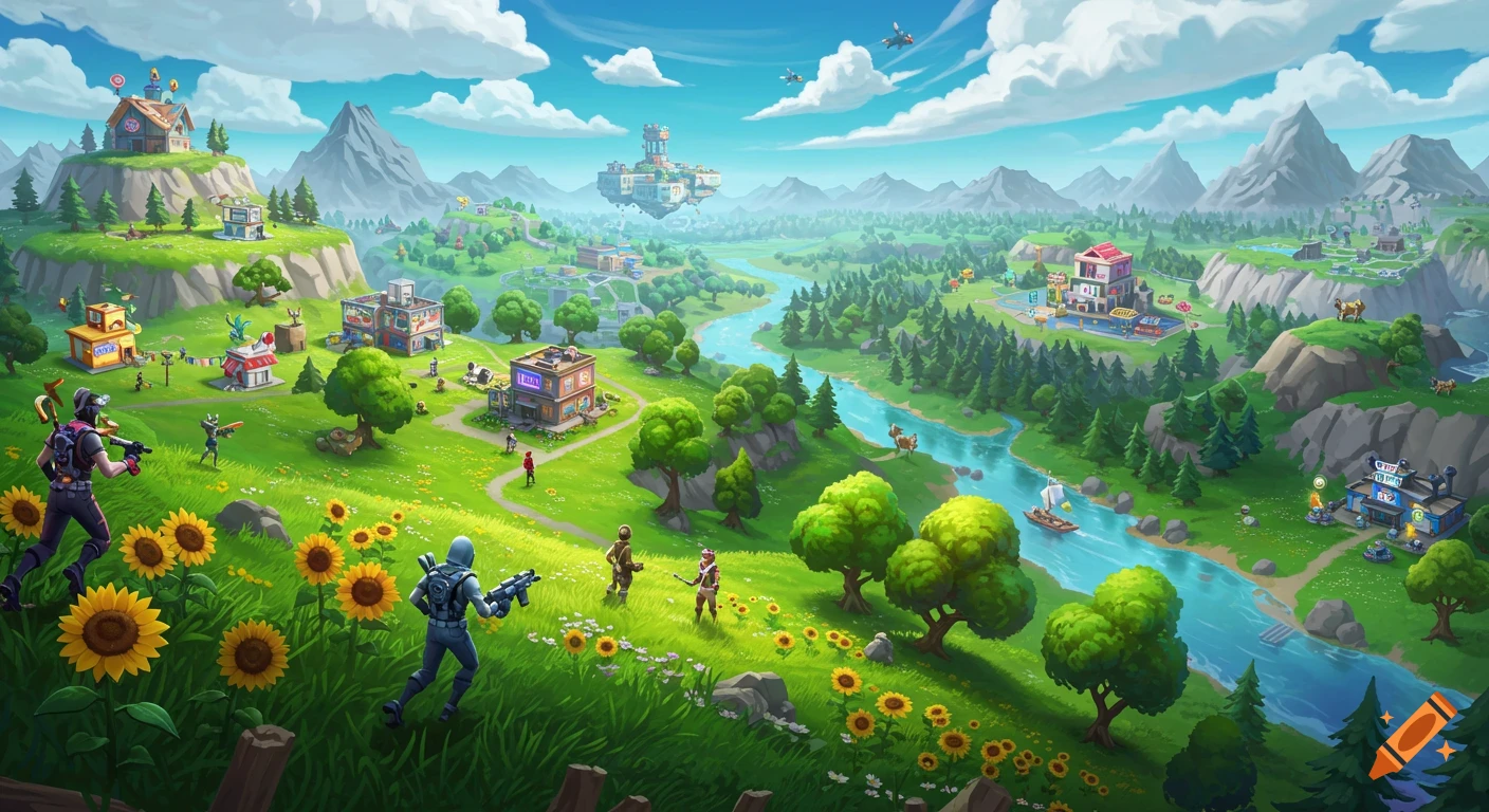 A vibrant, cartoon-style video game map featuring players in a green valley with buildings, a river, mountains, and sunflowers.